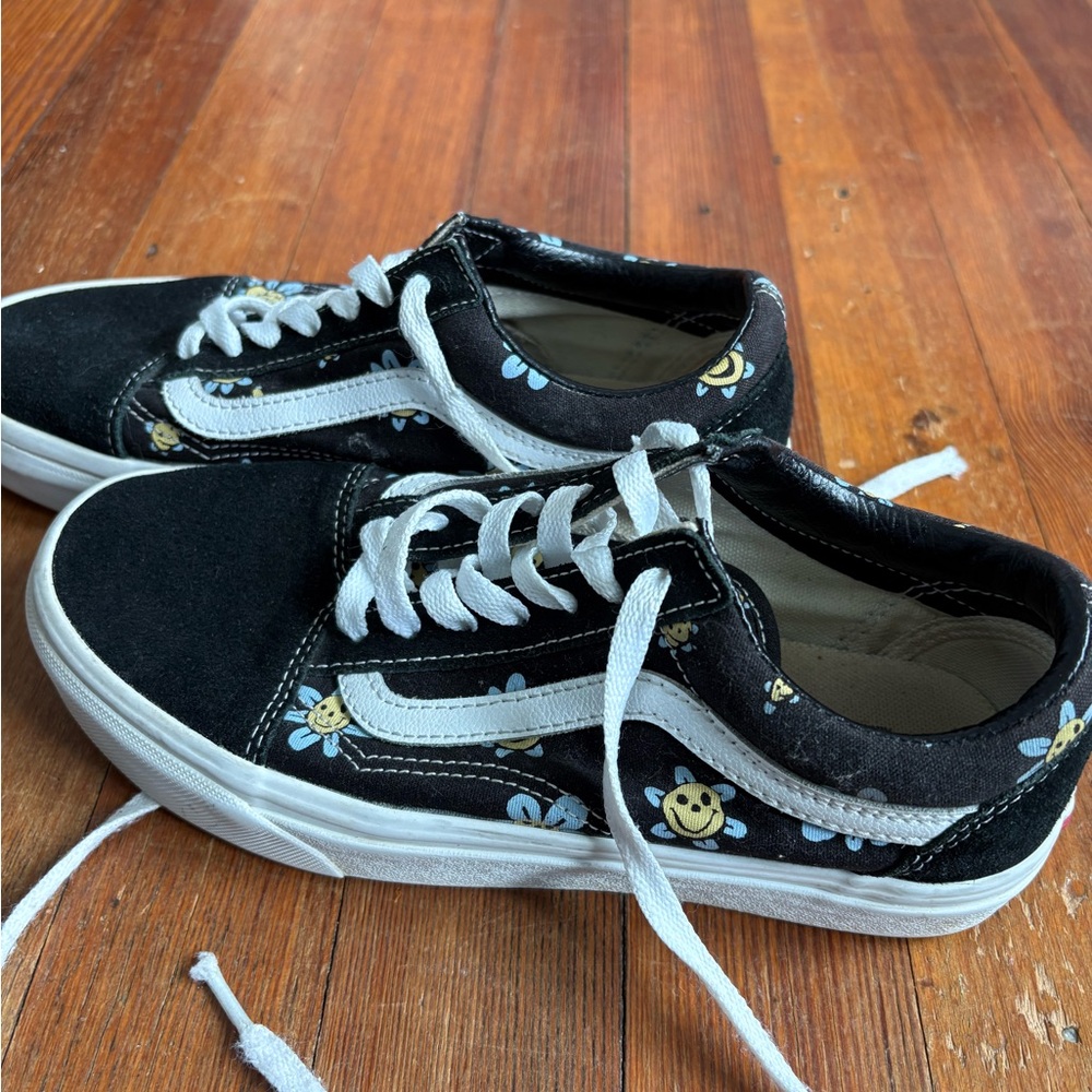 Kids Black Floral Smile Vans, 7